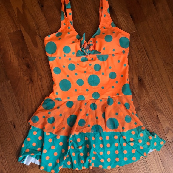 Teal & Orange Polka Dot One-Piece Swim Dress - Size Medium - Picture 6 of 9